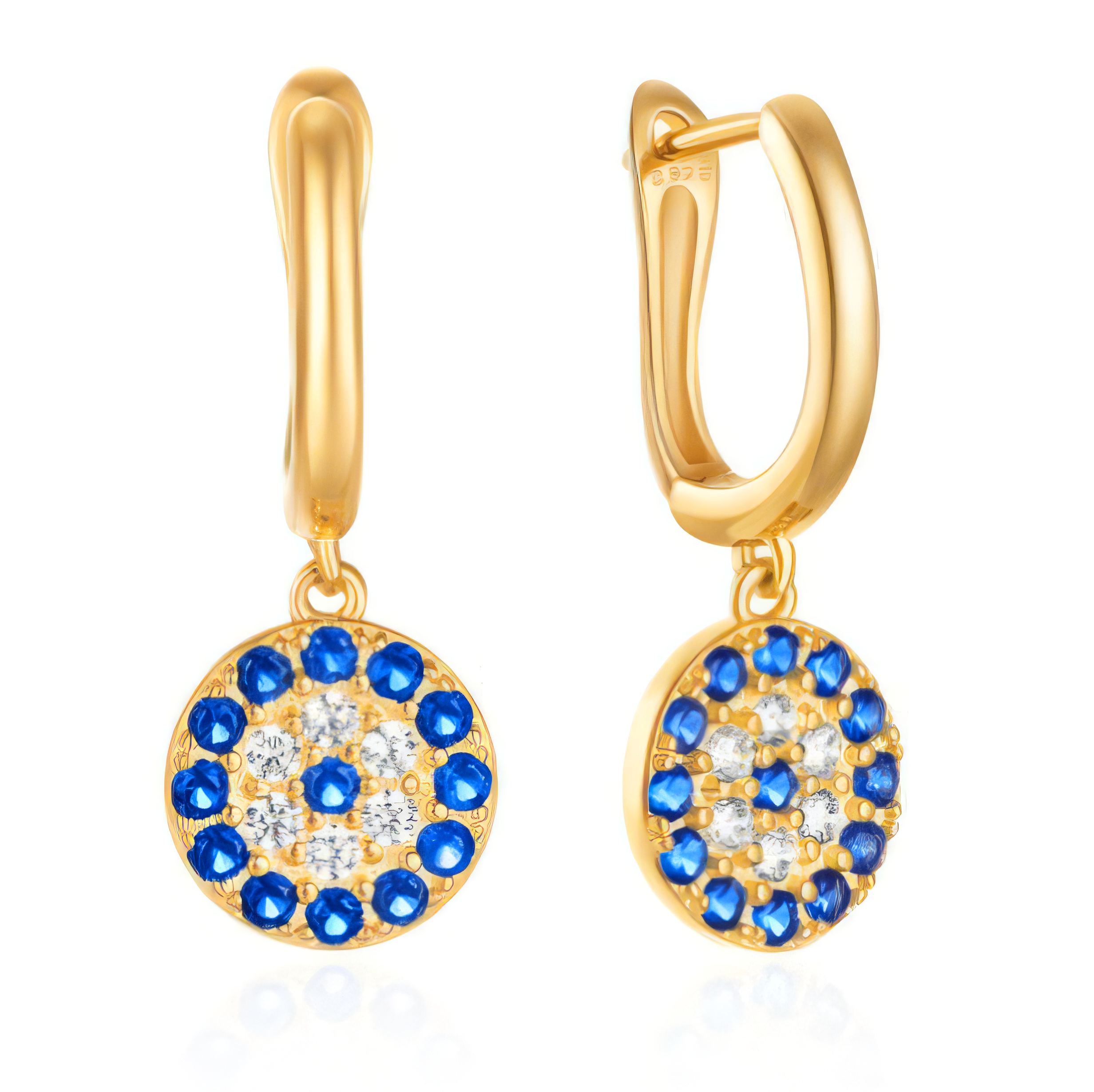 עגילי חישוק עין כסף 925 ציפוי זהב בשיבוץ אבני זירקוניה שקוף וכחול