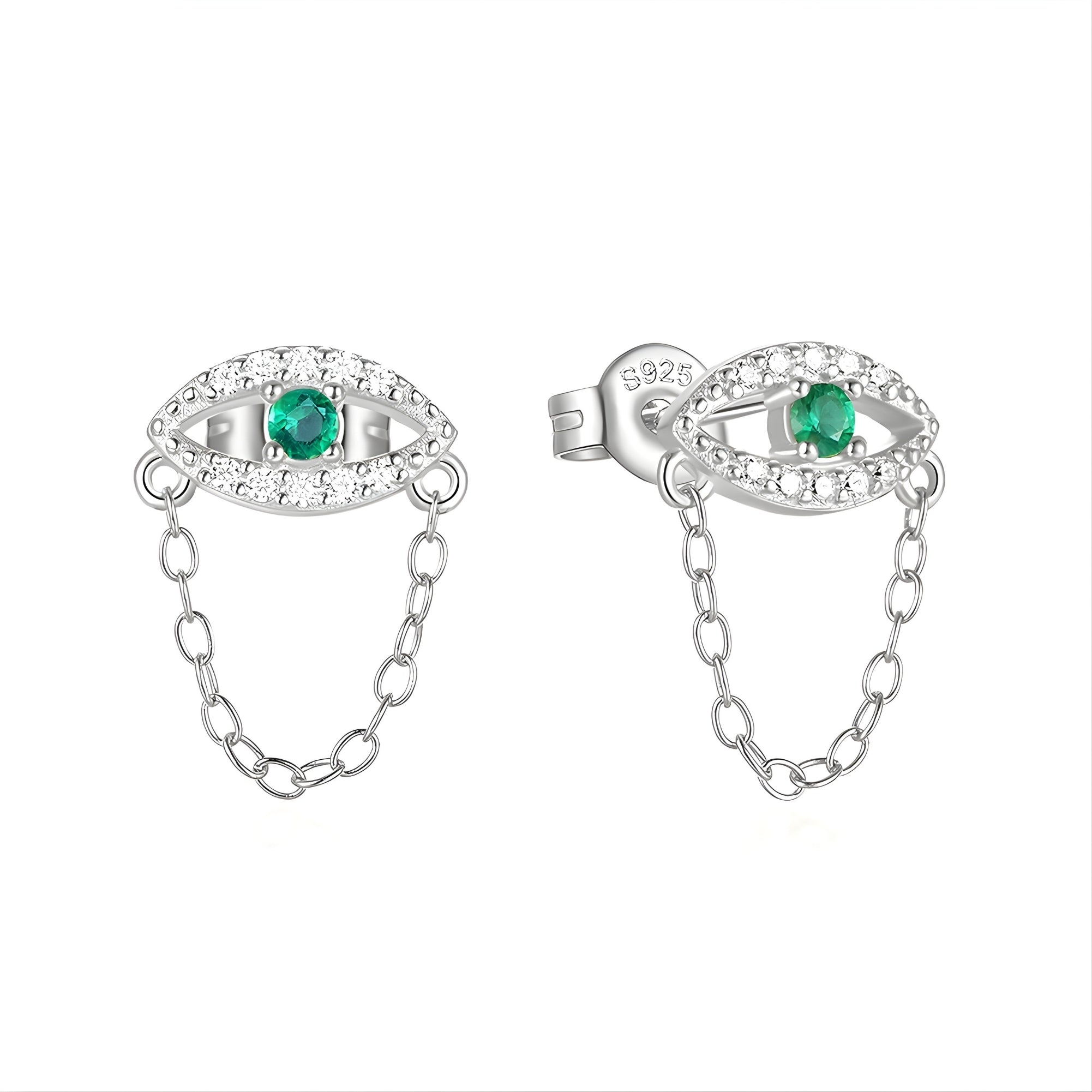 עגילים צמודים בצורת עין כסף 925 בשיבוץ אבני זירקוניה שקוף וירוק